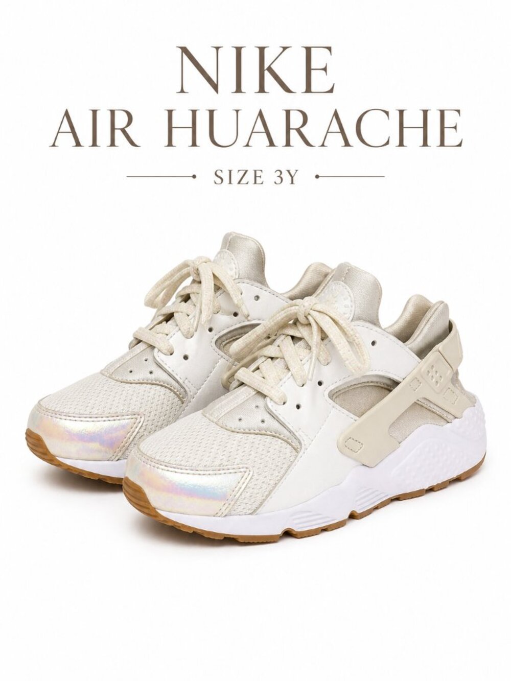 Nike Air Huarache Sneakers Size 3Y Light Bone Iridescent Gum Sole